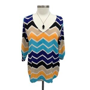 Hello Miss Womens L Chevron Print Blouse Multicolor 3/4 Sleeve V-Neck Top